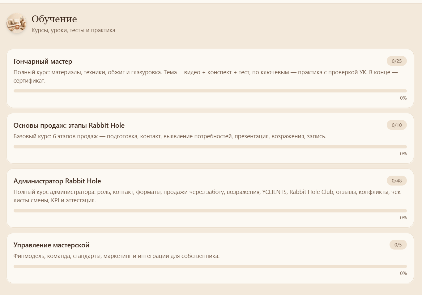 Экран обучения: четыре курса — гончарный мастер, основы продаж, администратор и управление мастерской