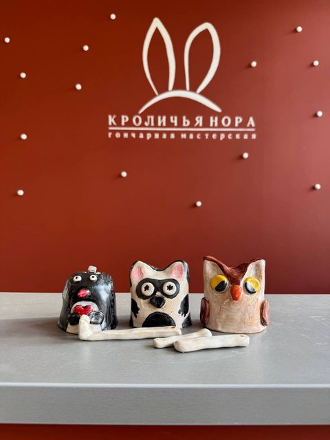 Глиняные фигурки: собачка, кот и сова